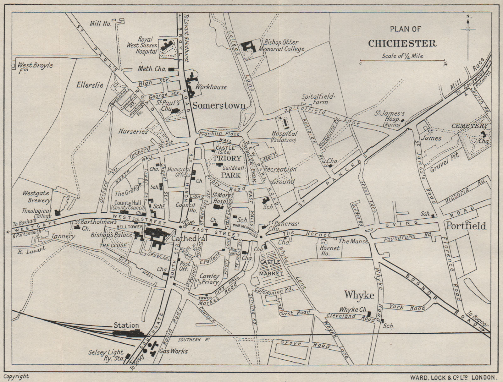 CHICHESTER vintage town/city plan. Sussex. WARD LOCK 1928 old vintage map